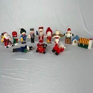 Vtg Lot 13 Miniature Christmas Tree Ornaments Wooden Painted Figures 1 Plastic